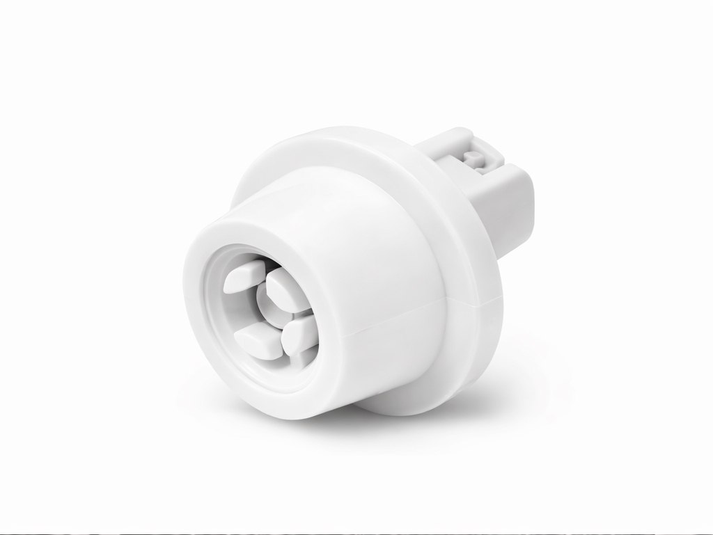 Bosch dishwasher wheel replacement part showing white roller with integrated clip mechanism and ball bearing design