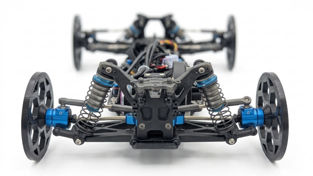 RC setup wheels installed on 1/10 buggy with 12mm hex for alignment and suspension tuning
