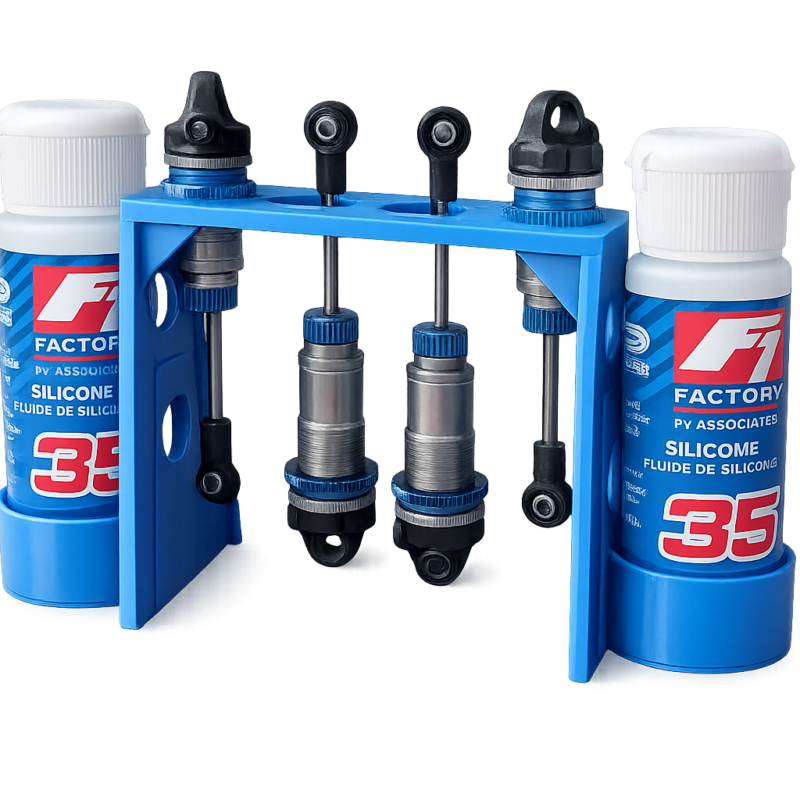 Blue RC shock rebuild stand holding four 1/10 scale RC shocks with dual silicone shock oil bottle holders for maintenance and oil filling.