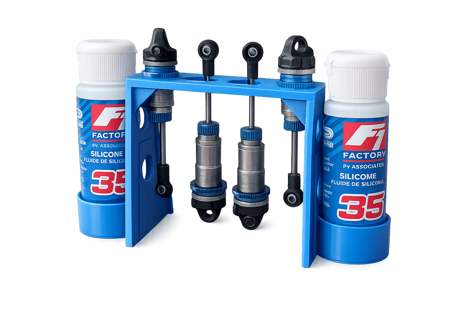 Blue RC shock rebuild stand holding four 1/10 scale RC shocks with dual silicone shock oil bottle holders for maintenance and oil filling.