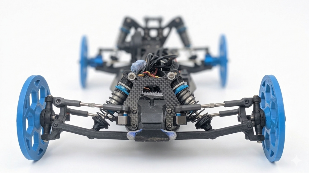 RC camber setup tool wheels creating flat surface for accurate suspension alignment