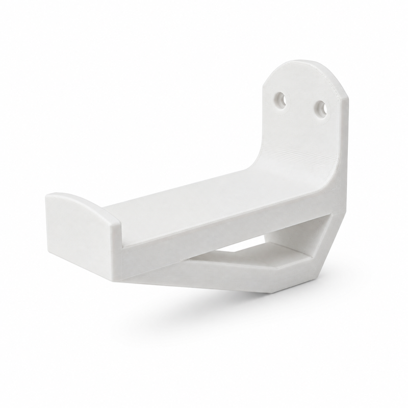 White yoga wheel wall holder bracket shown by itself on a plain background